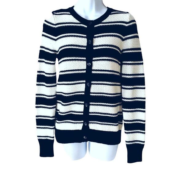 NEW LL Bean Striped Cotton Cashmere Cardigan Sweater XXS Navy Blue White - Picture 1 of 5